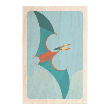 Drewniana kartka / magnes / plakat - Dinozaur Pteranodon na niebieskim tle