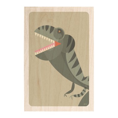 Drewniana kartka / magnes / plakat - Dinozaur Tyrannosaurus na zielonym tle