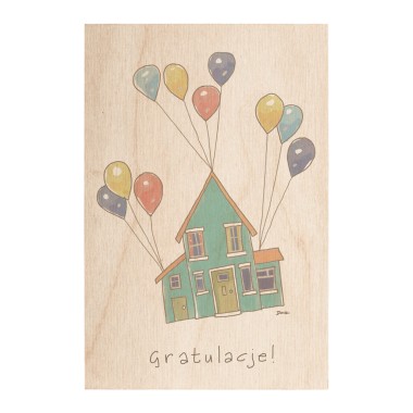 Drewniana kartka / magnes / plakat - Dom z balonami
