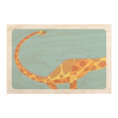 Drewniana kartka / magnes / plakat - Dinozaur Brachiosaurus na niebieskim tle