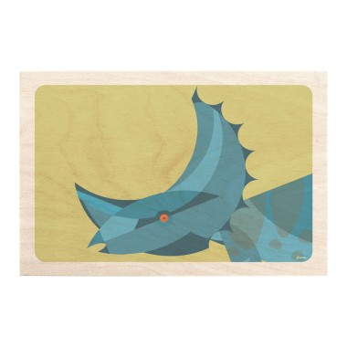 Drewniana kartka / magnes / plakat - Dinozaur Triceratops na zielonym tle
