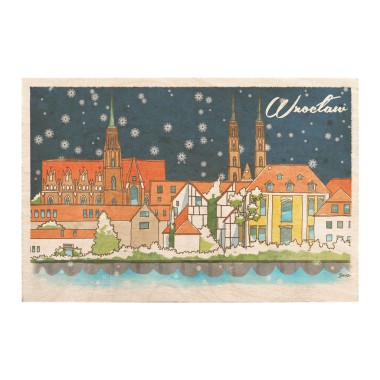 Drewniana <br> kartka / magnes / plakat <br> <br> Wrocław świąteczny widok na Ostrów Tumski