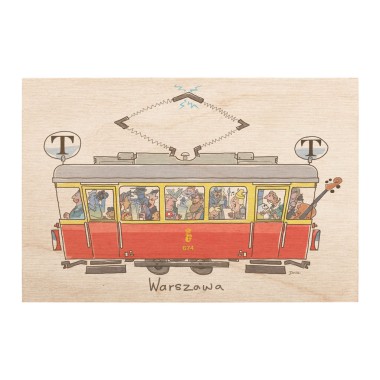 Drewniana kartka / magnes / plakat - Warszawski tramwaj