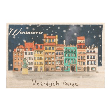 Drewniana <br>  kartka / magnes / plakat <br> <br> Warszawa kamienice " Wesołych Świąt"