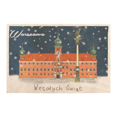 Drewniana <br>  kartka / magnes / plakat <br> <br> Warszawa ratusz " Wesołych Świąt" 