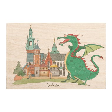 Drewniana kartka / magnes / plakat - Kraków Wawel ze smokiem