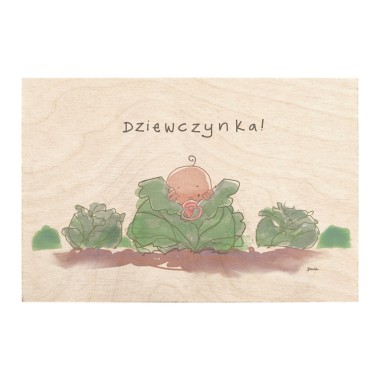 Drewniana kartka / magnes / plakat - Dziewczynka w kapuście