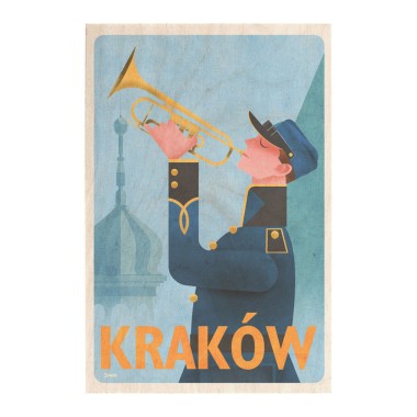 Drewniana kartka / magnes / plakat - Kraków trębacz