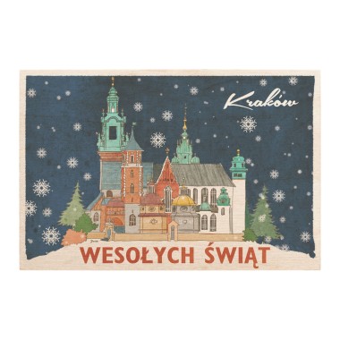 Drewniana <br>  kartka / magnes / plakat <br> <br> Kraków Wawel " Wesołych Świąt" 