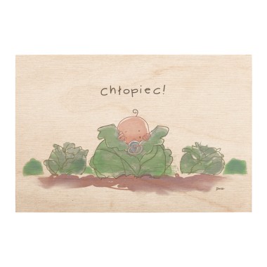 Drewniana kartka / magnes / plakat - Chłopiec w kapuście