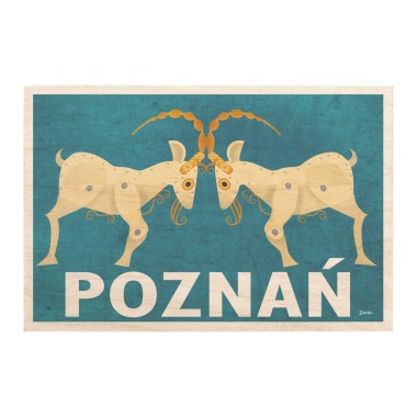 Drewniana kartka / magnes / plakat - Poznań koziołki na niebieskim tle