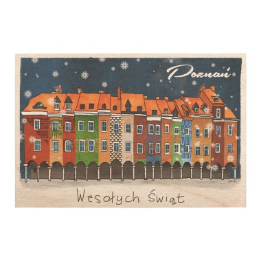 Drewniana <br>  kartka / magnes / plakat <br> <br> Poznań kamienice " wesołych świąt"