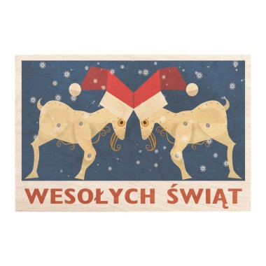 Drewniana <br>  kartka / magnes / plakat <br> <br> Poznań koziołki w czapce mikołaja " wesołych świąt" 
