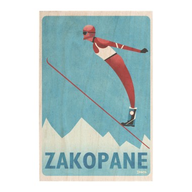 Drewniana kartka / magnes / plakat - Zakopane narciarz