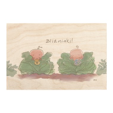 Drewniana kartka / magnes / plakat - Bliźniaki w kapuście