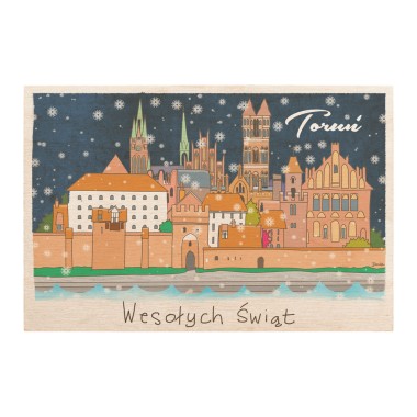 Drewniana <br>  kartka / magnes / plakat <br> <br> Toruń widok na wyspę "Wesołych Świąt"