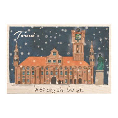 Drewniana <br>  kartka / magnes / plakat <br> <br> Toruń ratusz "Wesołych Świąt"