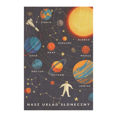 Drewniana kartka / magnes / plakat - Nasz układ słoneczny z astronautą - produkt multimedialny
