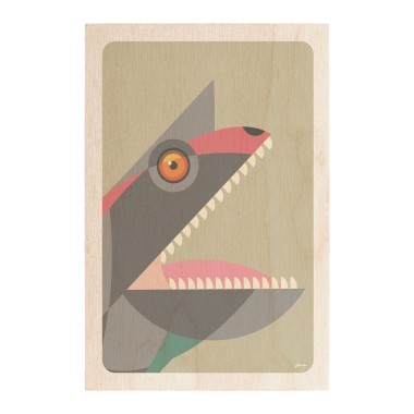 Drewniana kartka / magnes / plakat - Dinozaur Carnotaurus na zielonym tle