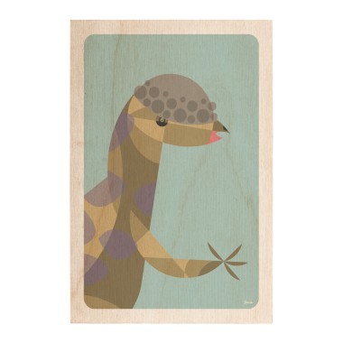 Drewniana kartka / magnes / plakat - Dinozaur Pachycephalosaurus na niebieskim tle