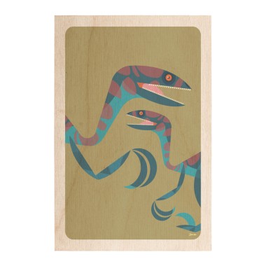 Drewniana kartka / magnes / plakat - Dinozaury Velociraptor na zielonym tle