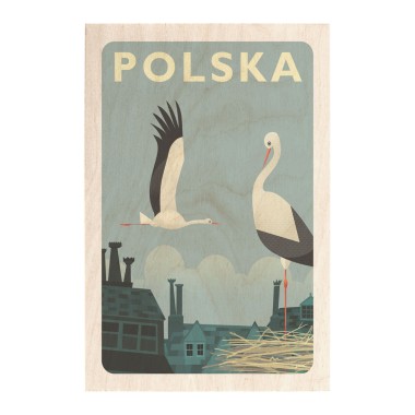 Drewniana kartka / magnes / plakat - Polska bociany