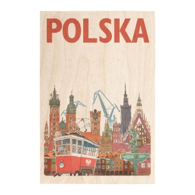 Drewniana kartka / magnes / plakat - Polska mix budynki miast