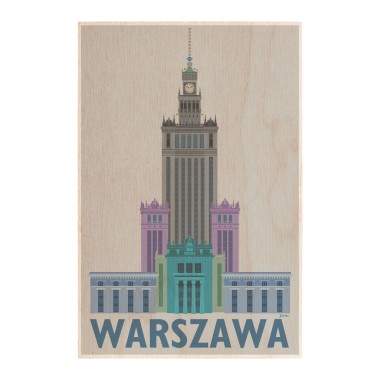 Drewniana kartka / magnes / plakat - Warszawa Pałac Kultury na szarym tle