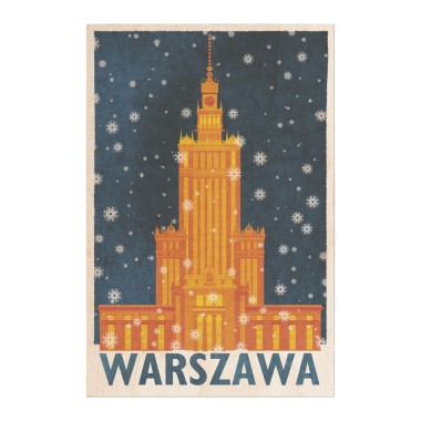Drewniana <br>  kartka / magnes / plakat <br> <br> Warszawa świąteczny Pałac Kultury