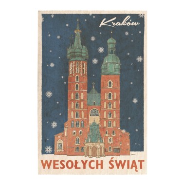 Drewniana <br>  kartka / magnes / plakat <br> <br> Kraków świąteczny Kościół Mariacki " Wesołych Świąt"