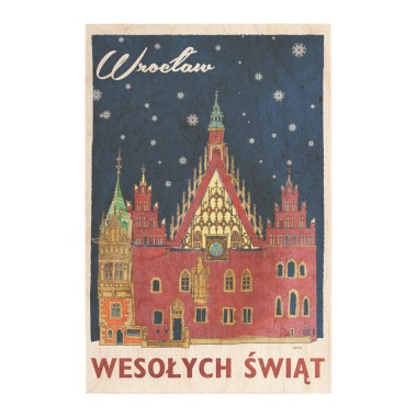 Drewniana <br>  kartka / magnes / plakat <br> <br> Wrocław Ratusz " Wesołych Świąt "