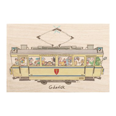 Drewniana kartka / magnes / plakat - Gdańsk biały tramwaj