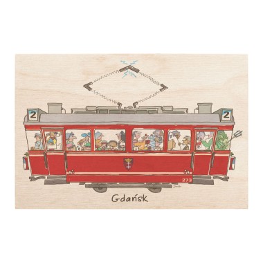 Drewniana kartka / magnes / plakat - Gdańsk czerwony tramwaj