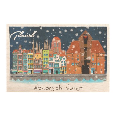 Drewniana <br>  kartka / magnes / plakat <br> <br> Gdańsk rynek "Wesołych Świąt"