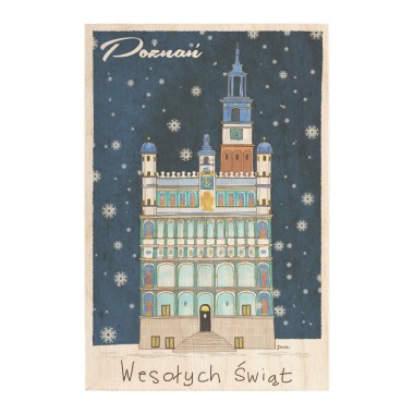 Drewniana <br>  kartka / magnes / plakat <br> <br> Poznań ratusz " wesołych świąt" 