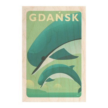 Drewniana kartka / magnes / plakat - Gdańsk delfiny