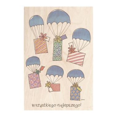 Drewniana kartka / magnes / plakat - Urodziny Prezenty na spadochronach