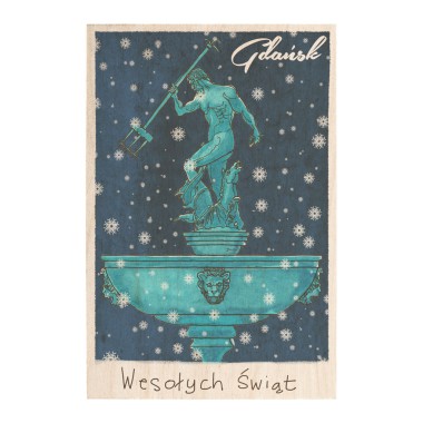 Drewniana <br>  kartka / magnes / plakat <br> <br> Gdańsk Fontanna Neptuna "Wesołych Świąt"