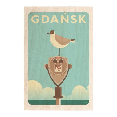 Drewniana kartka / magnes / plakat - Gdańsk mewa na lupie widokowej