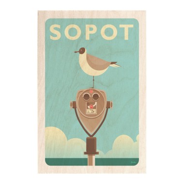 Drewniana kartka / magnes / plakat - Sopot mewa na lupie widokowej