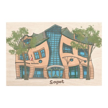 Drewniana kartka / magnes / plakat - Sopot Krzywy Domek