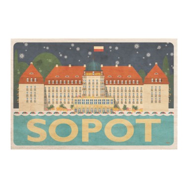 Drewniana <br>  kartka / magnes / plakat <br> <br> Sopot Świąteczny Sofitel grand hotel poziomy