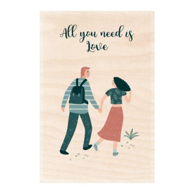Drewniana kartka / magnes / plakat - Zakochana para "All you need is love"