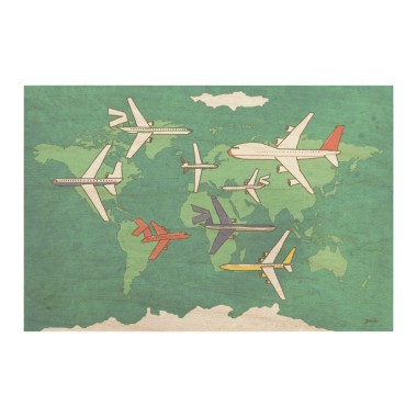 Drewniana kartka / magnes / plakat - Mapa świata samoloty