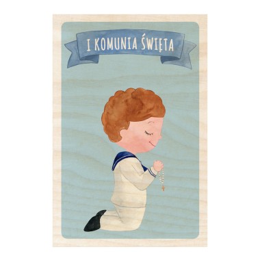 Drewniana kartka / magnes / plakat - Komunia Święta - Chłopiec