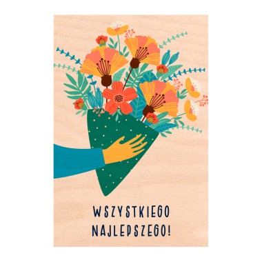 Drewniana kartka / magnes / plakat - Wszystkiego najlepszego! - bukiet kwiatów