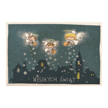 Drewniana kartka / magnes / plakat - Aniołki nad miastem
