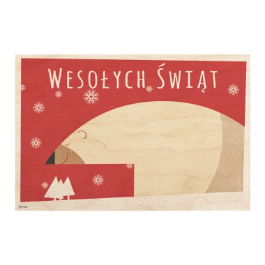 Drewniana kartka / magnes / plakat - Niedźwiedź Polarny ze śnieżkami