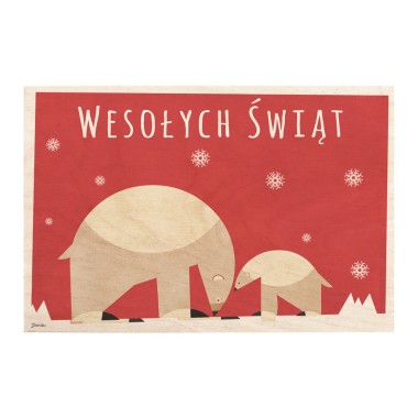 Drewniana kartka / magnes / plakat - Niedżwiedź Polarny z niedźwiadkiem