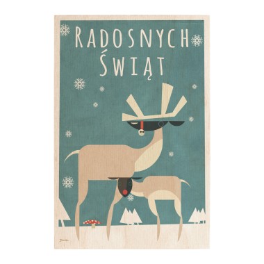 Drewniana kartka / magnes / plakat - Renifer z reniferkiem